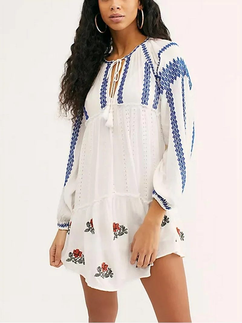 Free People White Boho Embroidered Mini Dress With Blue Accents